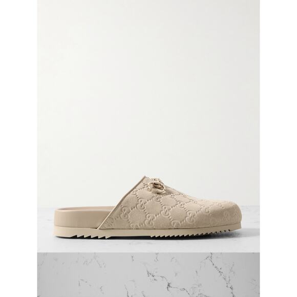Gucci Shoes - Gucci 'Sol' Tan Horsebit-Detailed Debossed Leather Trimmed Suede Slip On